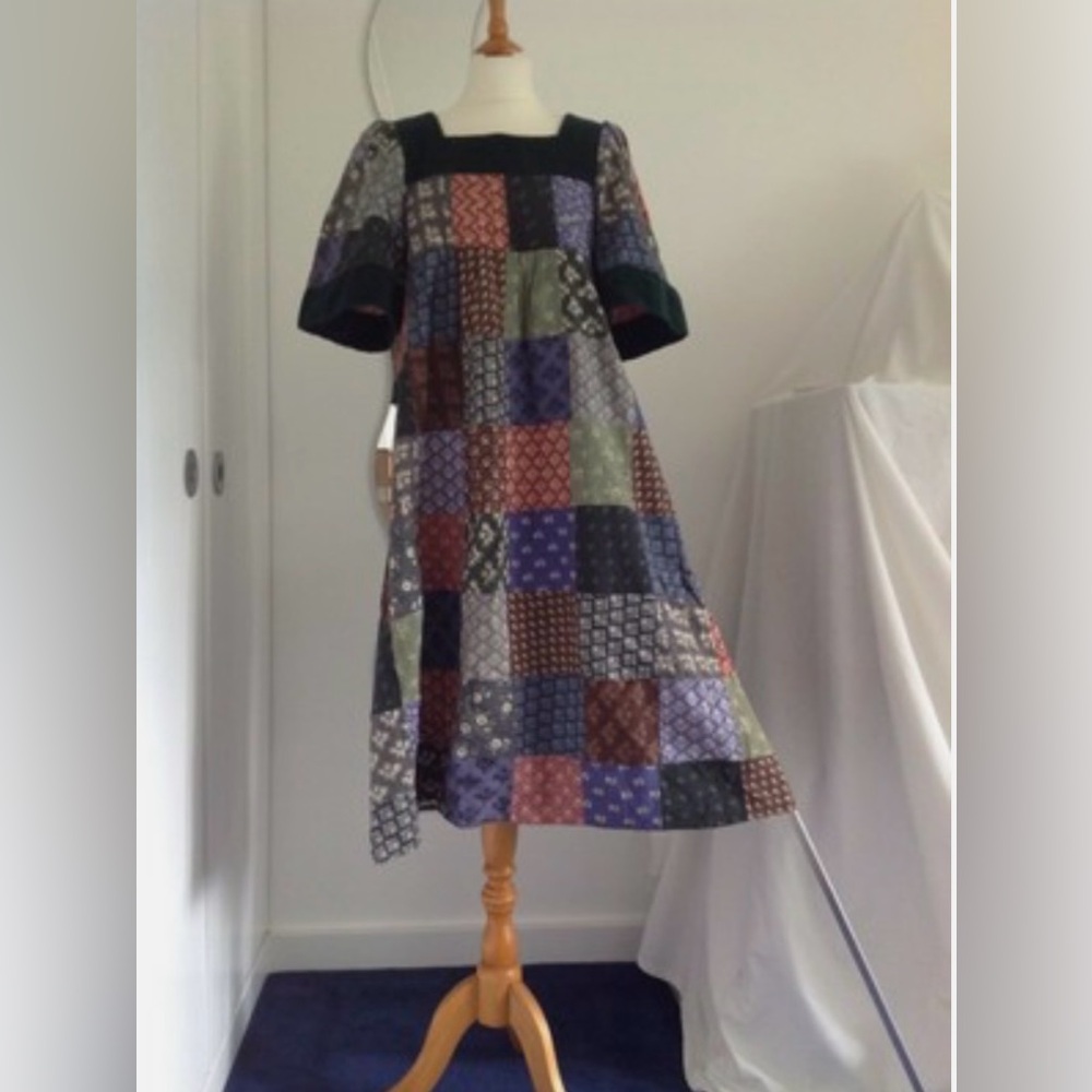 Homemade 1970s Cotton and Cord Patchwork Smock Dress Laura Ashley Prints